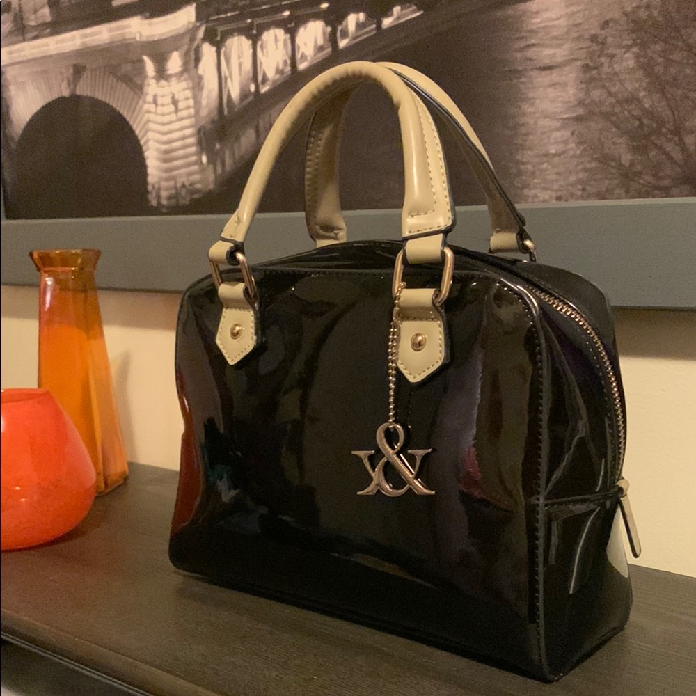 Patent Dome Satchel Handbag in Black and Cream